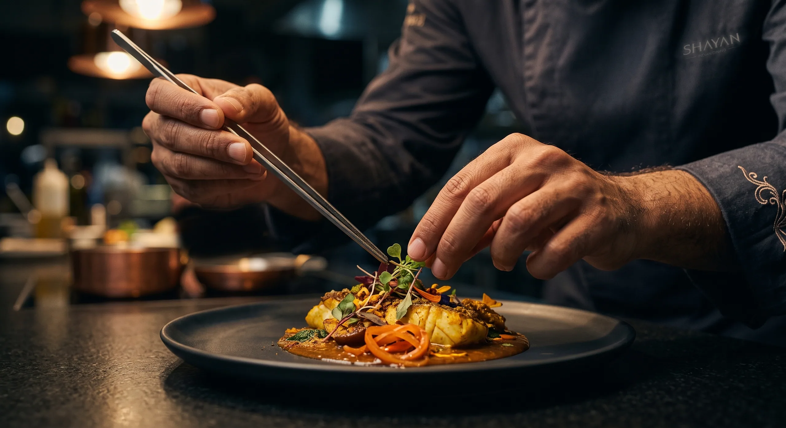 A chef finishing a plated dish with tweezers