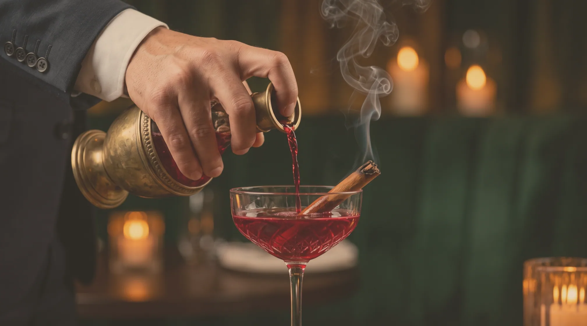 A bartender pouring a cocktail from a brass vessel