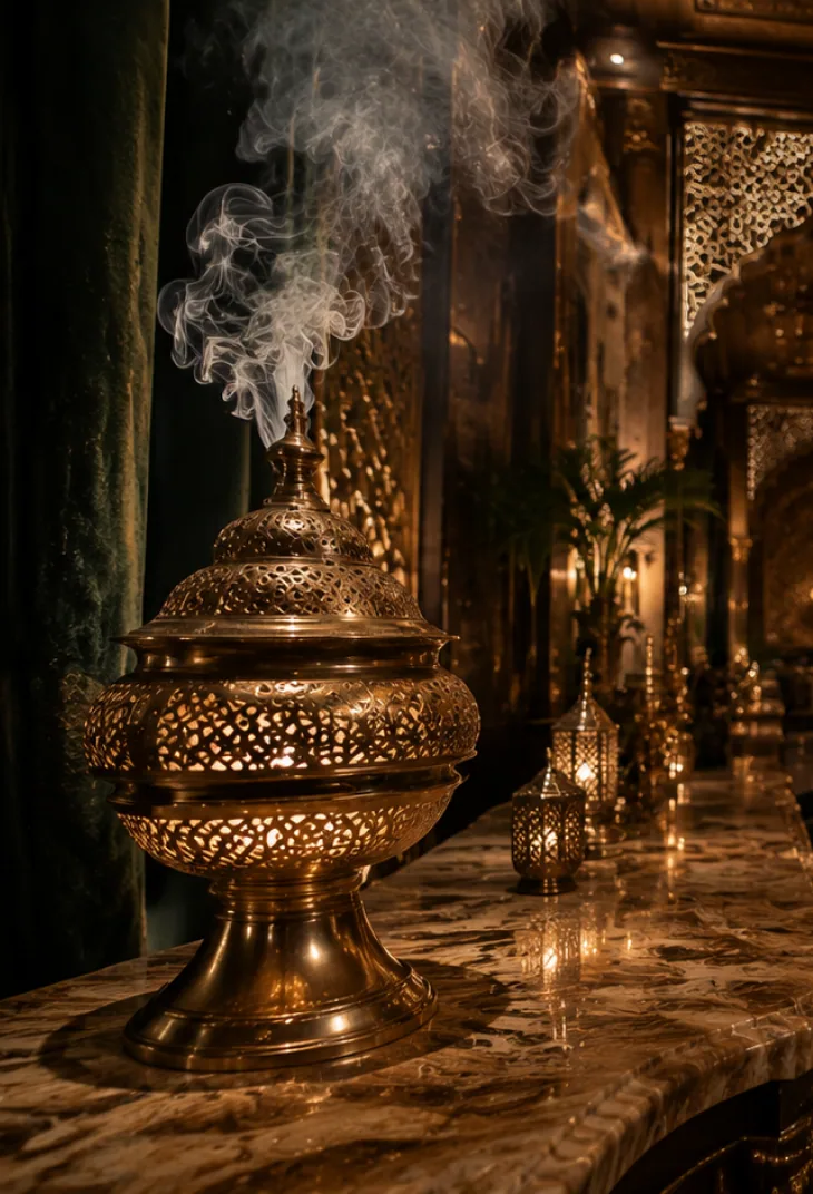 A brass incense burner trailing smoke in the dining room