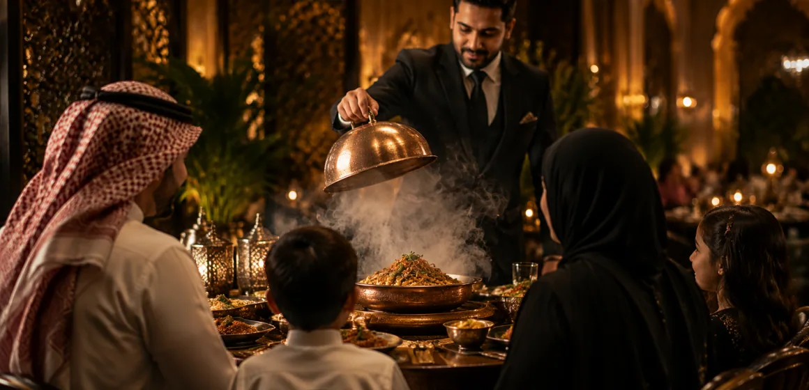 A server lifting a cloche at a family table