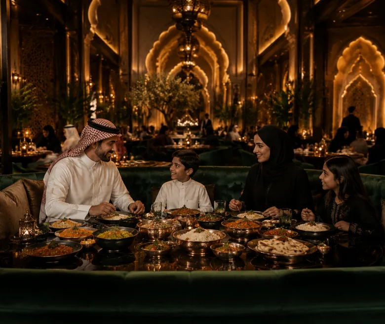 Guests dining beneath the restaurant's lit archways