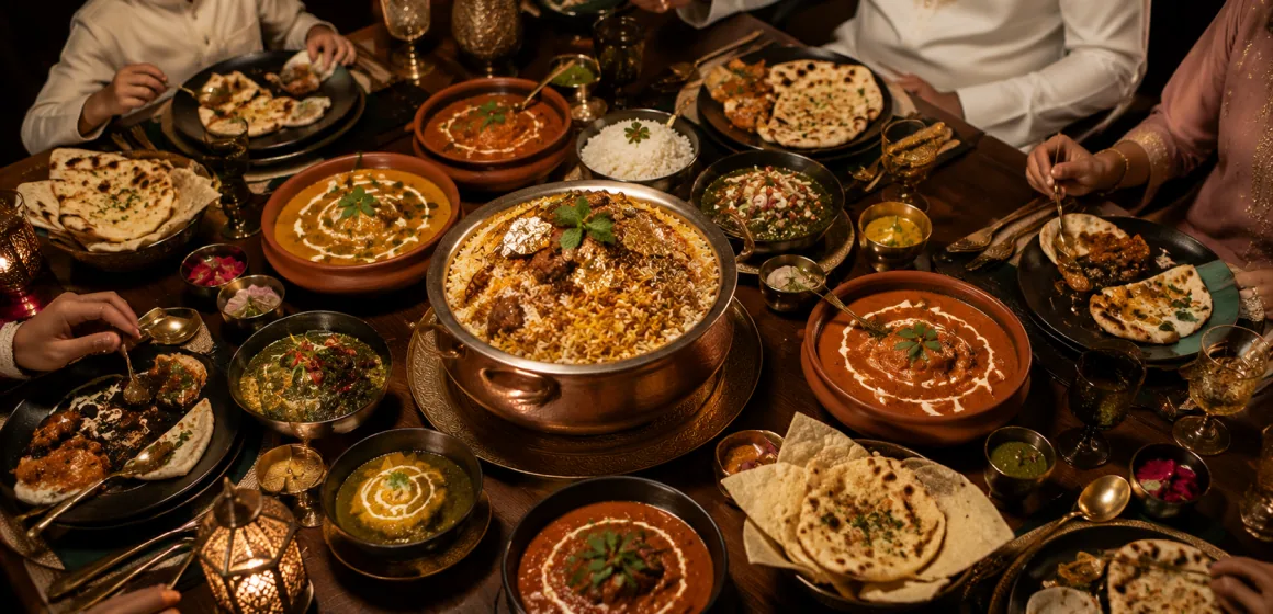 An overhead spread of copper pots and shared dishes