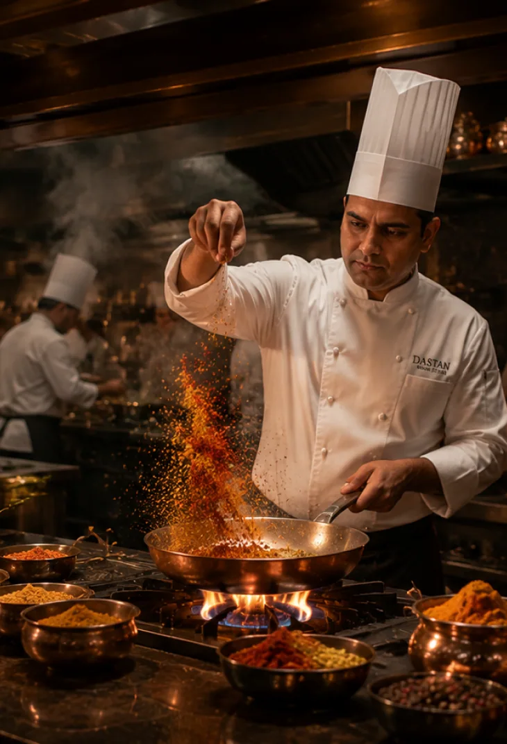 A chef seasoning over open flames in the kitchen